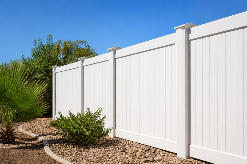 Professional vinyl fence standing in bright Texas sunlight with clear blue sky, showing consistent color and no visible fading or warping, with desert landscaping and native shrubs in background