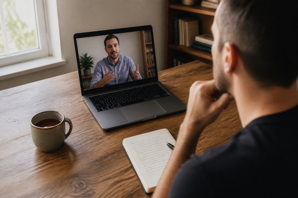 A bright, calm home office with a laptop open to a video therapy call, a notebook with handwritten notes, and a ceramic mug of tea on a wooden desk, soft daylight from a window