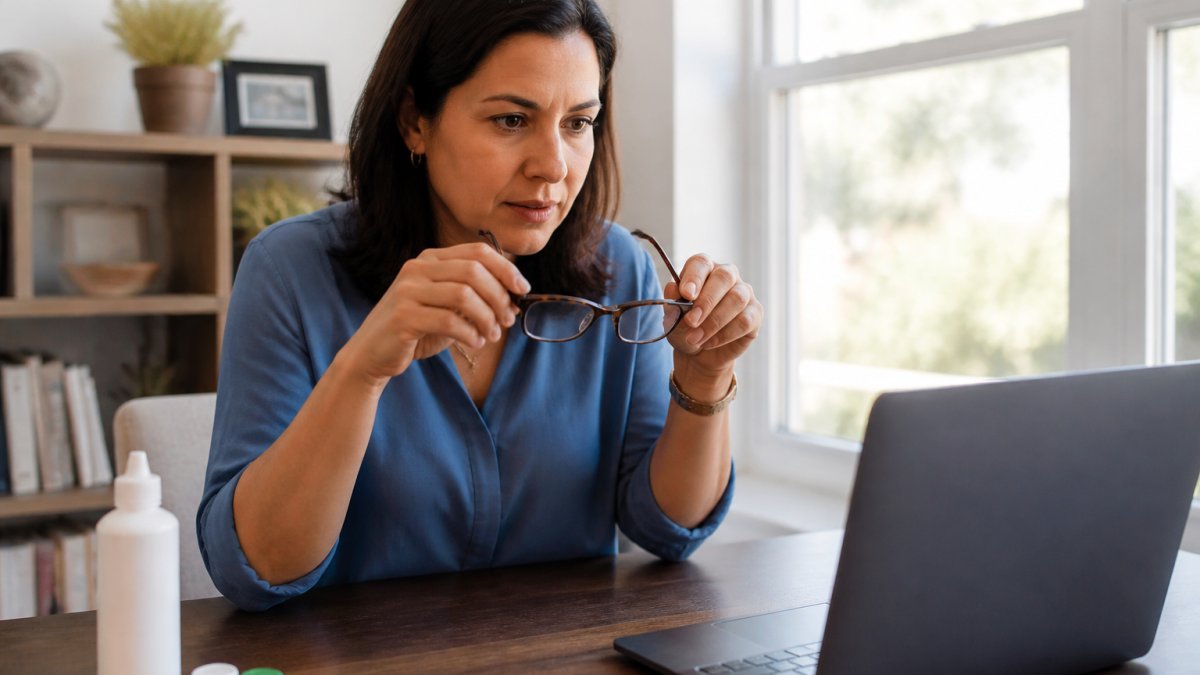 Woman in her forties wearing progressive glasses while working, highlighting why is vision insurance worth it after 40