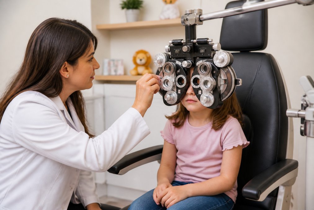 Pediatric optometrist performing refraction test on young child using phoropter in modern clinical setting with soft lighting and child-friendly décor