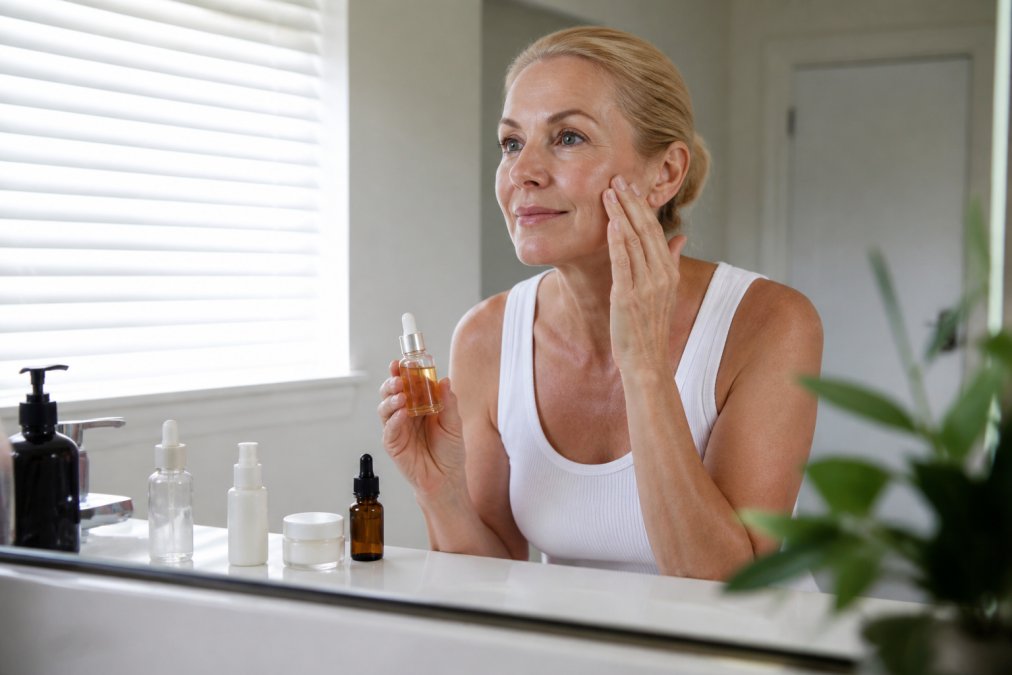 Woman in her 40s applying vitamin c serum to her face in a bright bathroom with skincare bottles on the counter