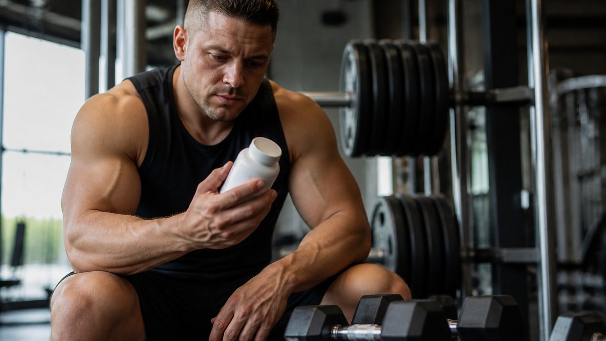 Athlete holding a bottle of vitamin D3 supplements in a gym with dumbbells and weight plates in the background