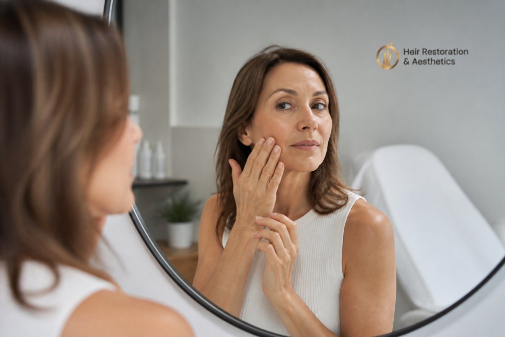 A woman in her 50s looking at her reflection in a mirror, gently touching her cheek with a thoughtful expression in a bright, modern clinic setting