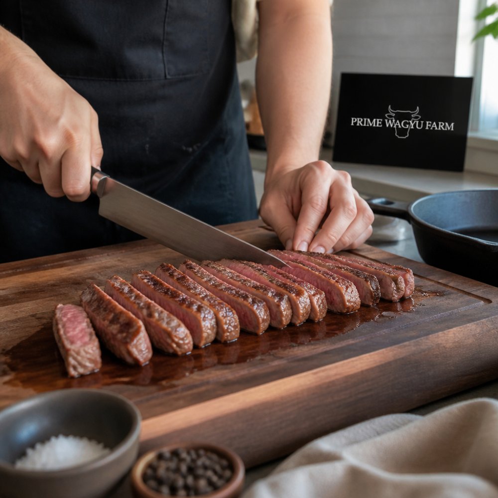 A home cook slicing a seared Wagyu flat iron steak on a wooden cutting board, showing a pink medium-rare interior and visible marbling, with simple kitchen tools and a cast iron pan nearby