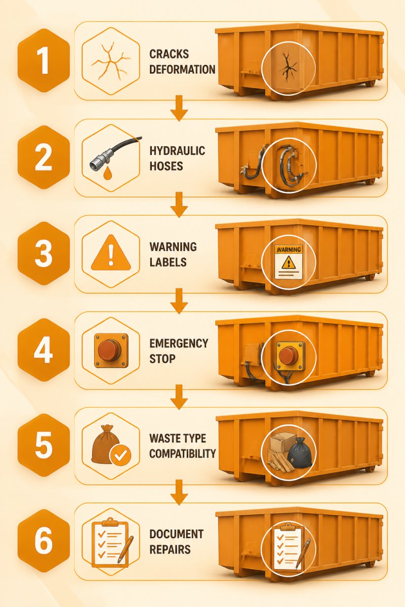 Flowchart of dumpster safety inspection sequence: 1. Check for cracks or deformation, 2. Inspect hydraulic hoses for leaks, 3. Verify warning labels are legible, 4. Test emergency stop function, 5. Confirm waste type compatibility, 6. Document and schedule repairs