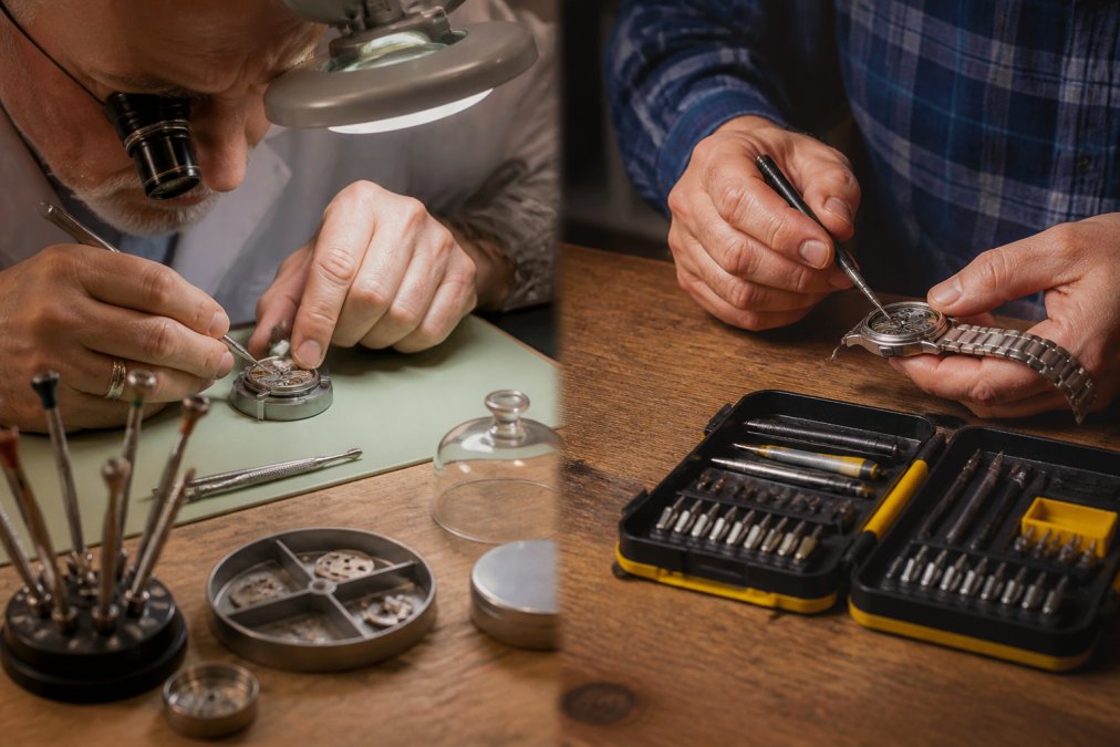 Professional watchmaker using precision tools to repair a vintage mechanical movement to see if is watch servicing worth it