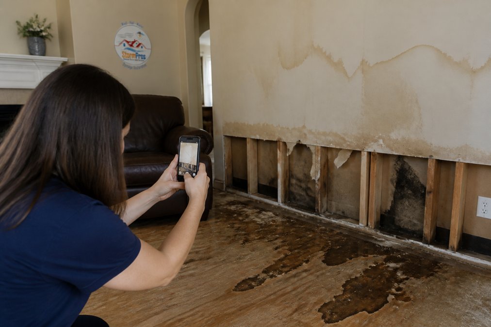 Homeowner taking photographs of water damage in a living room with smartphone, showing wet drywall and flooring for insurance documentation