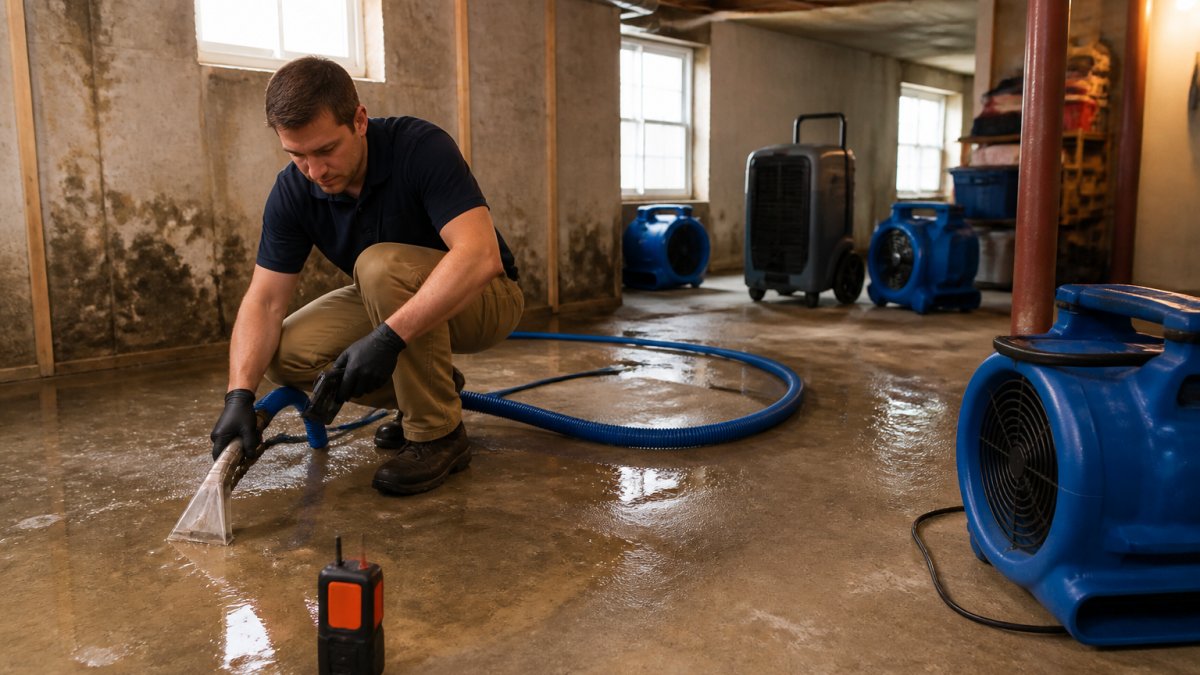 Technician using extraction equipment in a flooded basement to show if is water mitigation covered by homeowners insurance