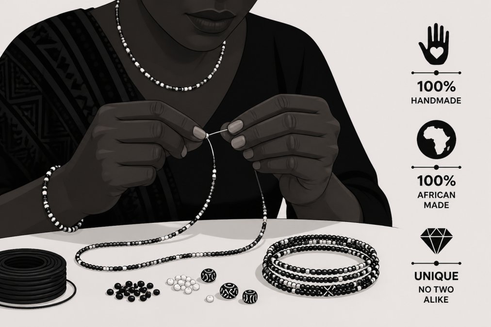 Artisan's hands skillfully threading tiny beads onto a string, showing the detailed handwork and concentration involved in creating authentic waist beads