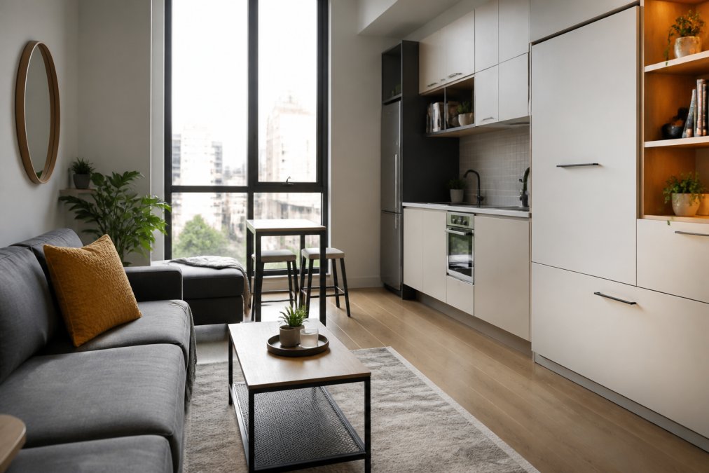Compact studio apartment interior with space-saving modular furniture arrangement, natural light from large window showing how mid-range pieces maximise a small living area without visual clutter