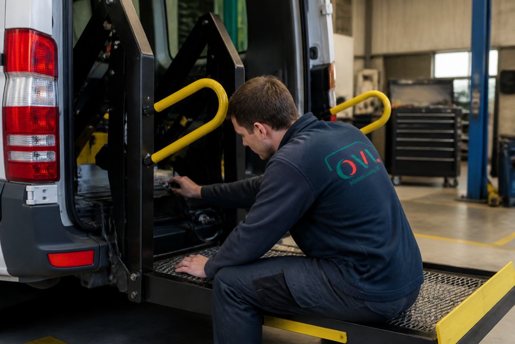 Skilled technician inspecting wheelchair accessible vehicle lift mechanism in modern service bay with diagnostic equipment visible, showing detailed examination of safety components