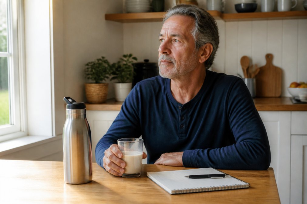 A heart surgery patient in comfortable clothing sitting at a kitchen table with a stainless steel water bottle and a small glass of protein shake, a notebook with a recovery tracker beside them, soft morning light through a window