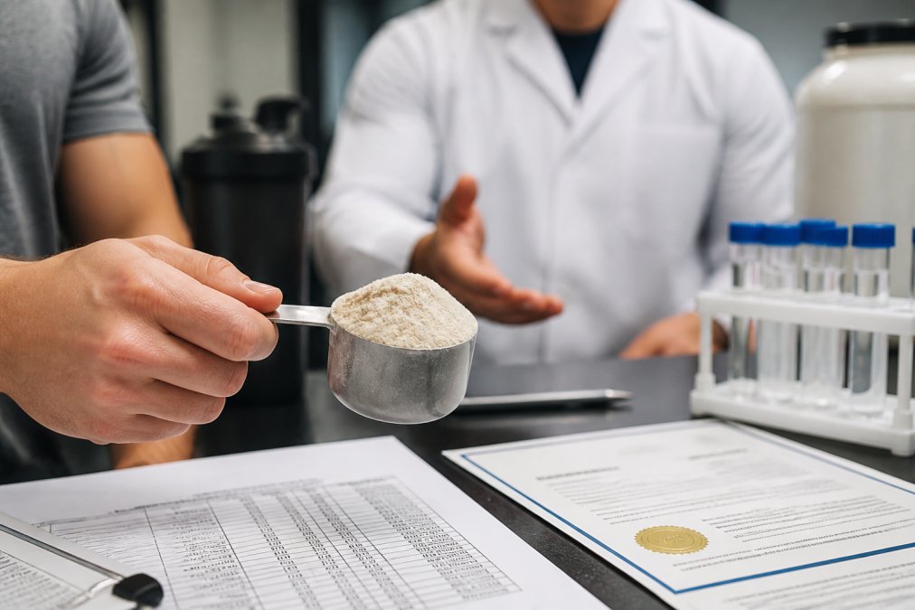 Close-up of protein powder in a metal scoop with laboratory test results and third-party certification documents visible on the surface below