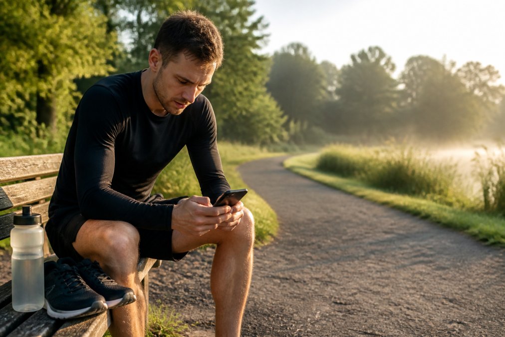 A runner in athletic gear checking a training log on their phone after a long outdoor run, running shoes and a water bottle on a bench nearby, soft morning light