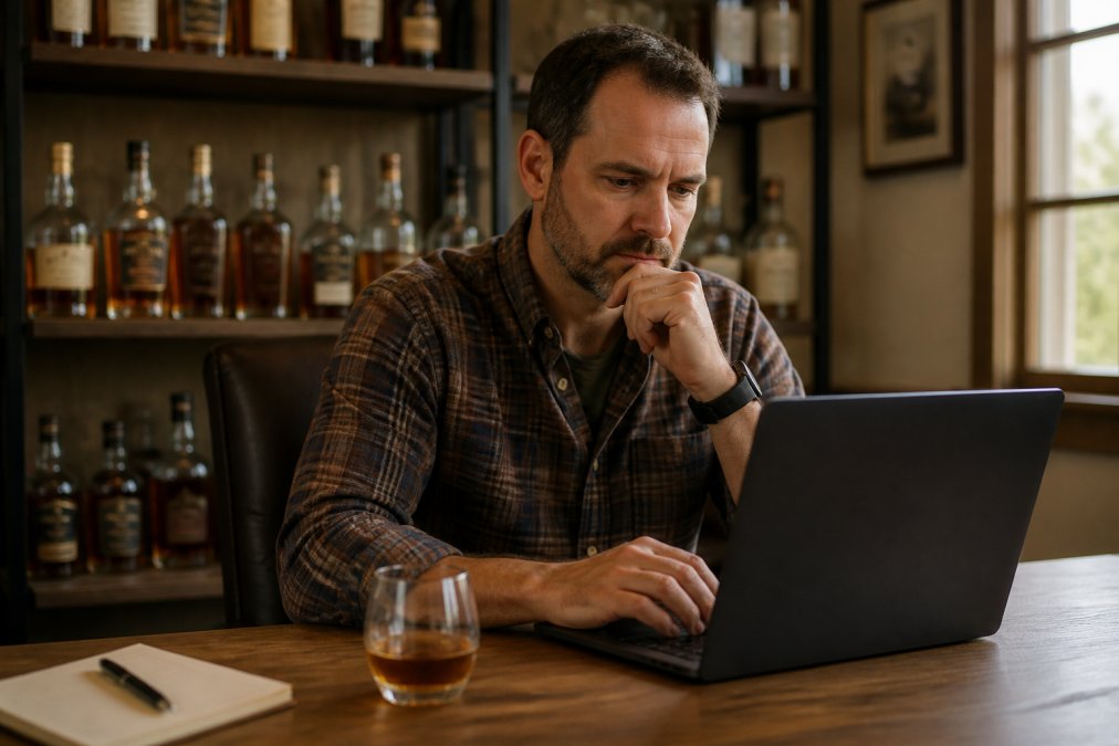 A collector in their 40s sitting at a wooden desk, reviewing a whiskey collection app on a laptop while several bourbon bottles sit on a shelf behind them, warm natural light
