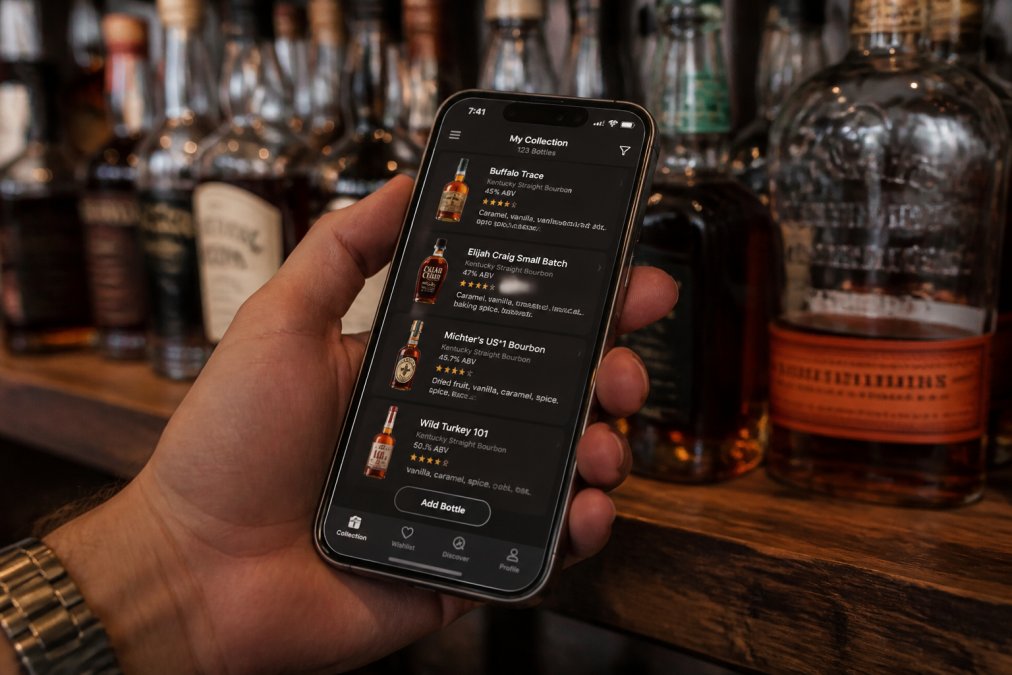 Smartphone screen displaying a whiskey collection app interface with bottle entries showing names, ABV percentages, tasting notes, and a user's hand holding the phone while browsing logged bottles on a home bar