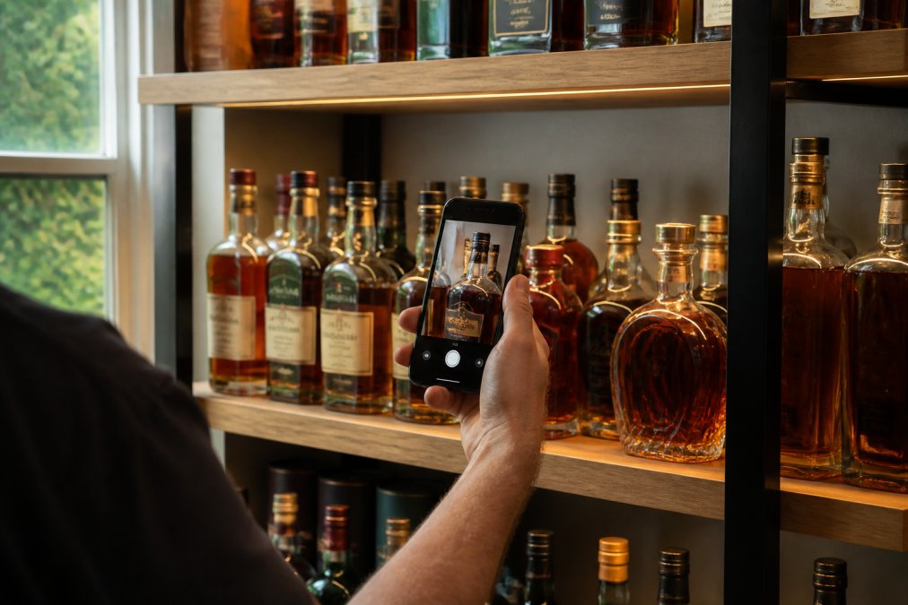 Home bar shelf displaying whiskey bottles arranged by type and age, with a person's hand holding a smartphone running a collection tracking app, scanning a bottle with the camera, natural window lighting illuminating the bottles