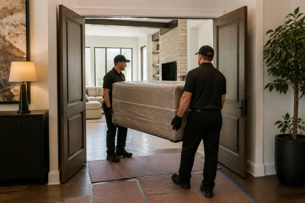 Uniformed professionals carefully moving wrapped furniture into a bright, elegantly furnished living room.