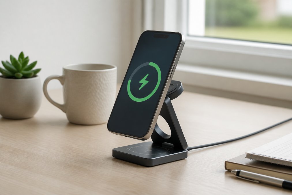 Smartphone with charging indicator light sitting centered on a wireless charging pad on a clean desk with natural window lighting