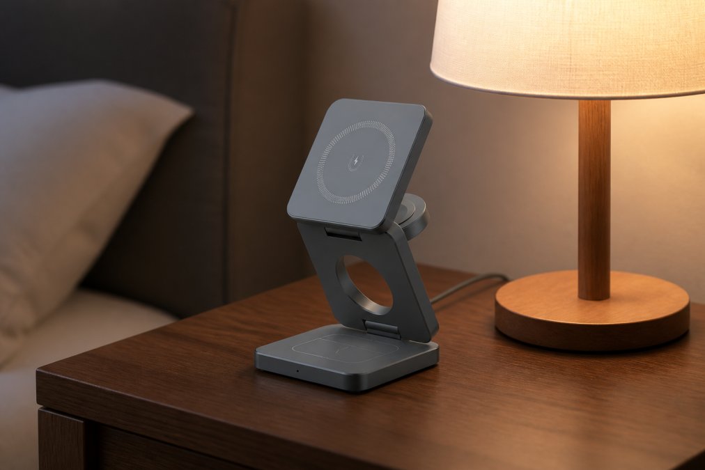Smartphone with protective case positioned on a wireless charging pad on an open nightstand with lamp providing ambient lighting and clear airflow around the device