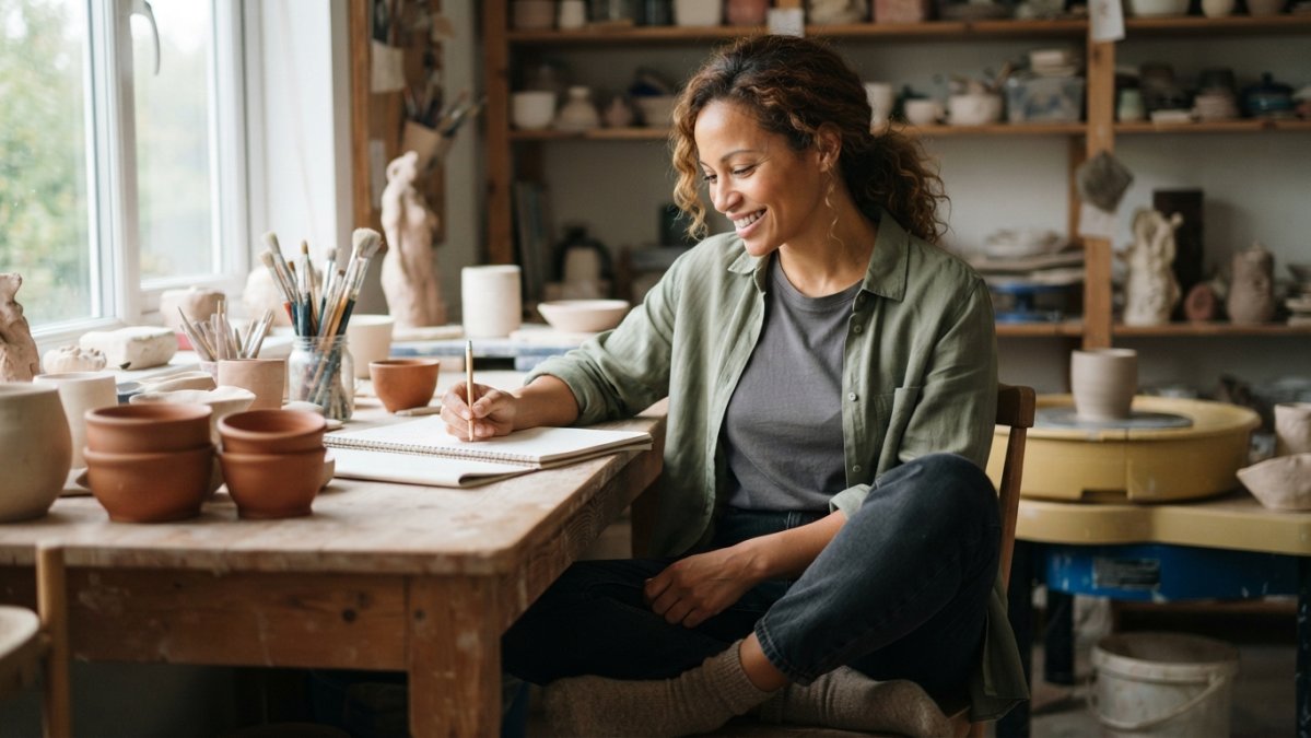 Woman in casual everyday clothing sitting comfortably at a desk, appearing relaxed and at ease with confident posture