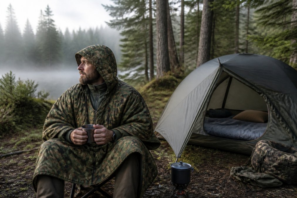 Outdoor enthusiast wearing a woobie poncho liner in woodland camouflage, set up at a backcountry campsite with tent and sleeping gear visible in background, early morning mist visible