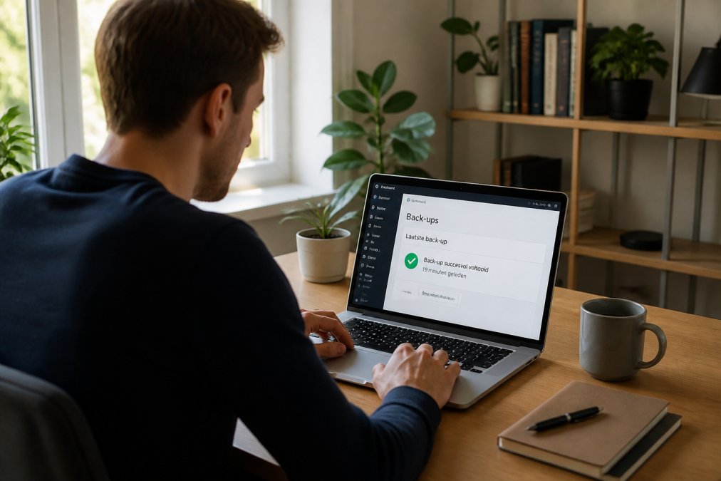 Een website-eigenaar achter een laptop in een lichte thuiskantoorruimte, met op het scherm een WordPress-dashboard en een groen vinkje bij een back-upmelding