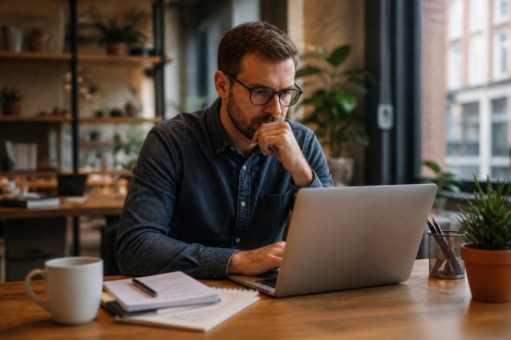 Eigenaar van een klein bedrijf die op een laptop naar website-prestaties en laadtijden kijkt, met koffie en notities op het bureau in een warm kantoor