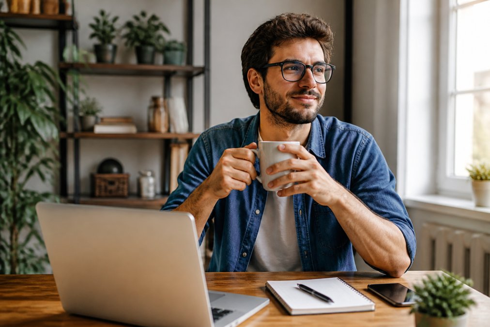 Iemand die ontspannen aan een bureau zit met een kopje thee terwijl op de achtergrond een website automatisch wordt bijgewerkt en beveiligd, met groene vinkjes die verschijnen