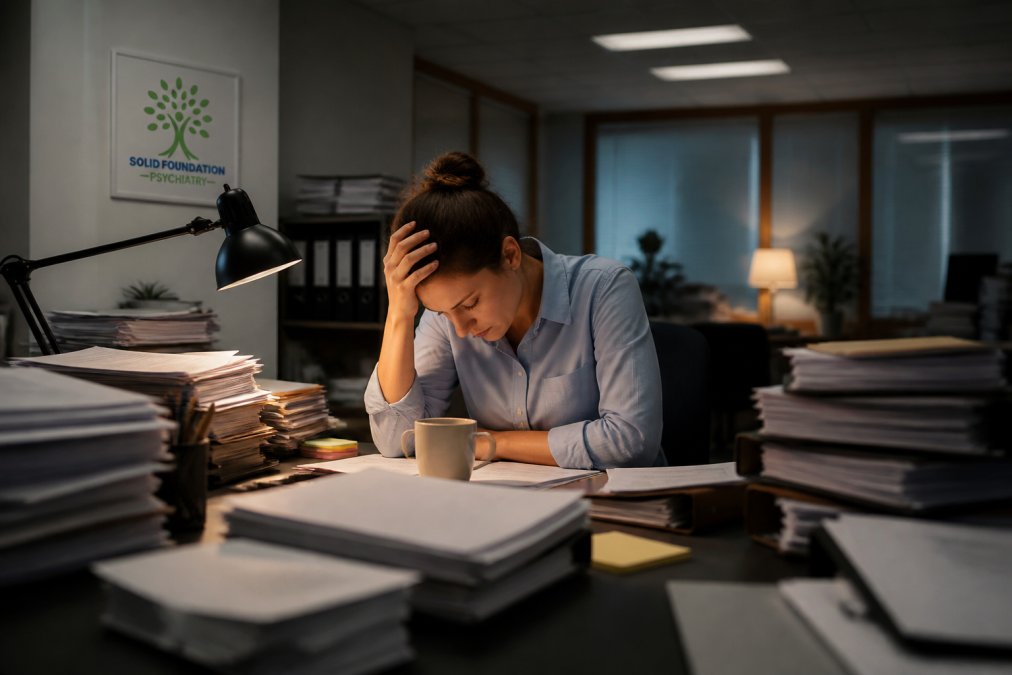 Exhausted professional slumped at desk with head resting on hand, surrounded by stacks of papers and files, dimly lit office with fluorescent lighting creating a sense of overwhelm