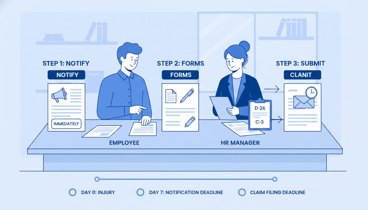 An employee and HR manager sitting across a desk in a well-lit professional office, reviewing workers' compensation claim paperwork together, with forms and a clipboard visible on the table between them