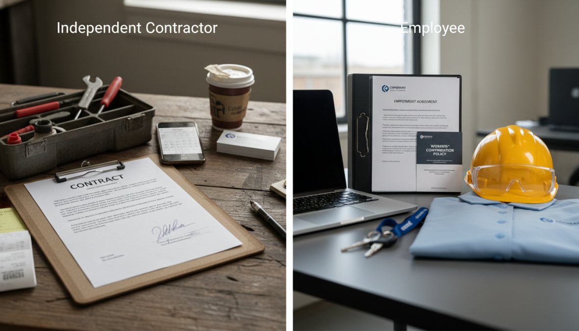 A business owner and a contractor reviewing paperwork and documents at a desk in a professional office setting, both looking at a clipboard with a contract, warm professional lighting