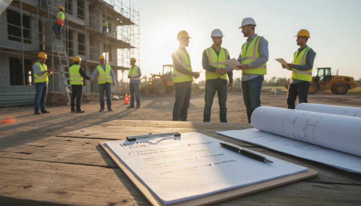 A hiring manager in a hard hat reviewing a checklist on a clipboard at a construction site, with workers in safety vests visible in the background, bright afternoon sunlight