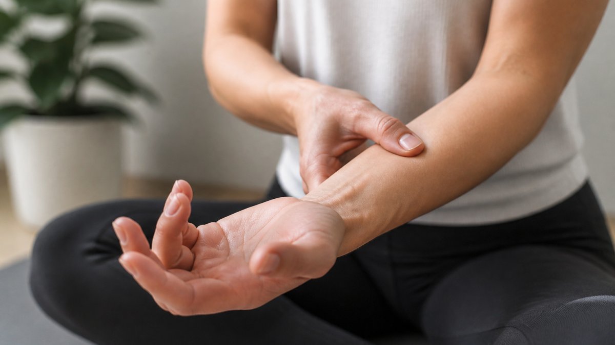 Diagram demonstrating circular massage motions on the inner forearm with gentle thumb pressure
