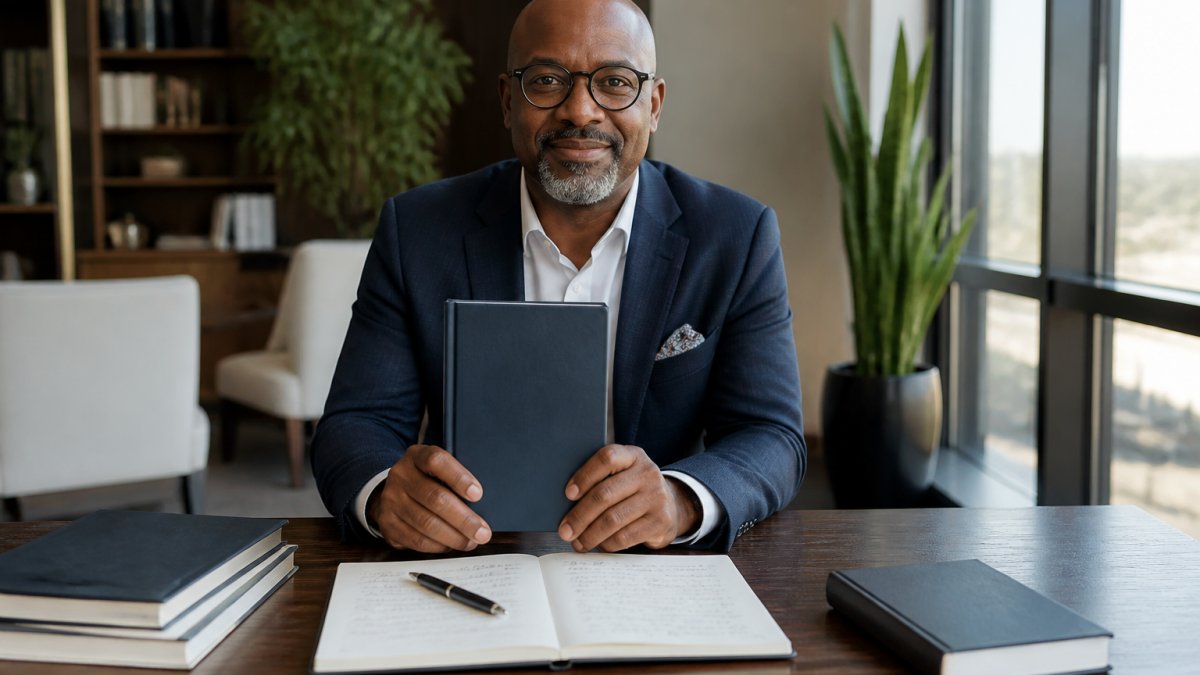 A confident business professional holding a published hardcover book in a modern office, laptop and handwritten notes on the desk, looking directly at the camera in natural window light