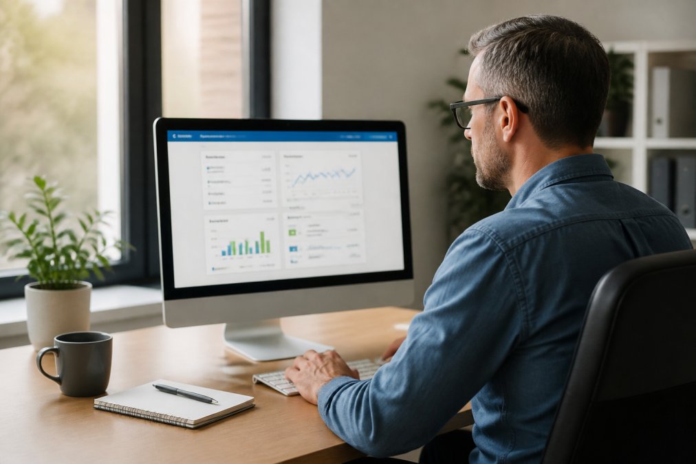 Small business owner seated at desk reviewing financial dashboard on computer screen with Xero interface visible, notebook and coffee cup nearby, natural office lighting from window