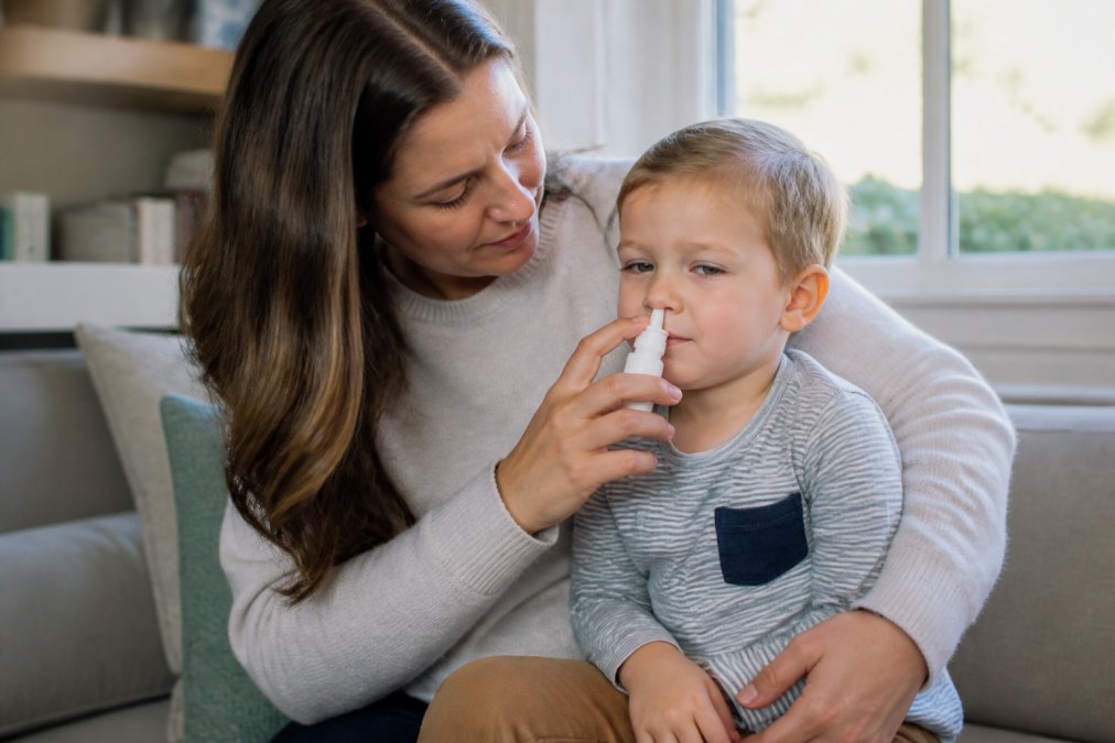 A parent gently administering nasal spray to a calm toddler sitting upright on their lap, both in a bright, comfortable home setting with warm natural light coming through a window