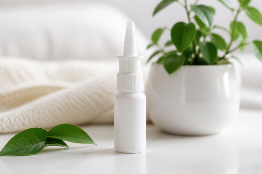 Close-up of a small xylitol nasal spray bottle on a clean white surface next to a few fresh green leaves and a small plant, conveying natural and gentle product appeal in soft, diffused natural light