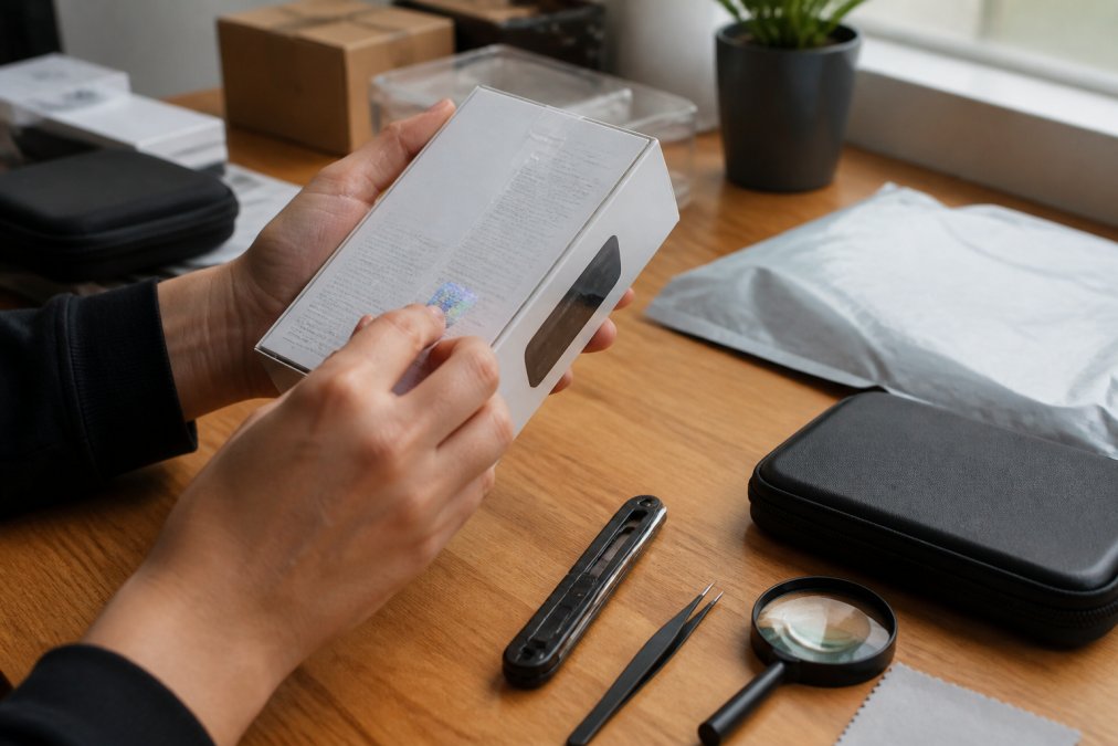 Close-up of hands carefully examining a gadget box, checking for quality printing on packaging, inspecting serial numbers and authenticity holograms under natural light