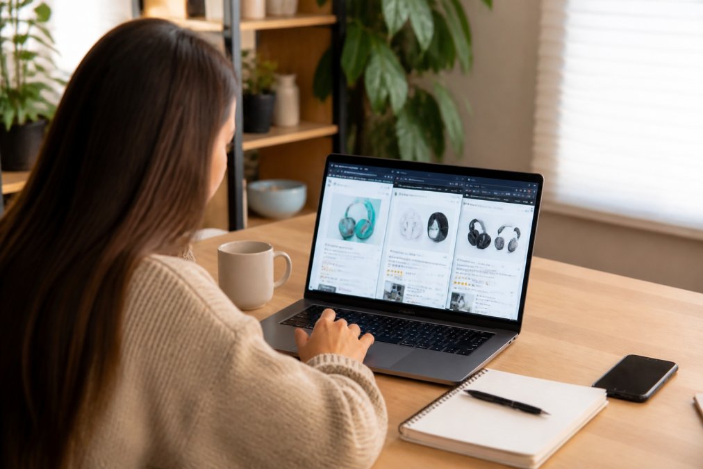Person sitting at a desk with laptop open, multiple browser tabs visible showing different online shopping sites, comparing product prices and reviews for trendy gadgets
