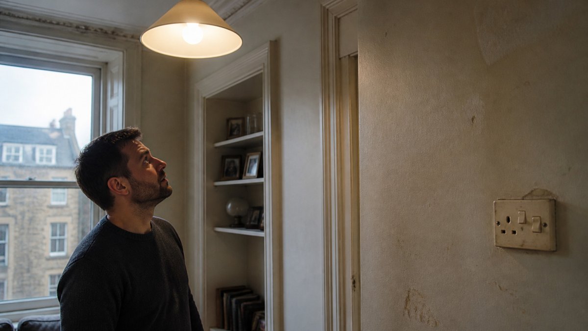 Homeowner in a Scottish tenement looking at a dim ceiling light near a worn socket requiring an electrical safety inspection