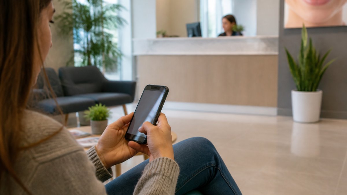 Patient using a mobile-friendly dental booking form on a smartphone in a modern clinic waiting area