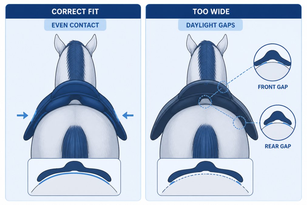 Side-by-side comparison of a correctly fitted saddle (even panel contact) versus a too-wide saddle (daylight gaps at front and rear panels) viewed from directly behind the horse