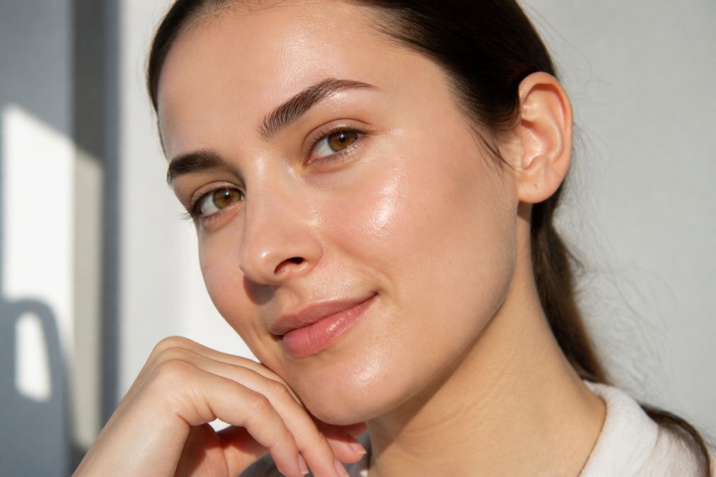 Close-up of a person's face showing clear, glowing skin with even tone and smooth texture, natural daylight illuminating healthy complexion