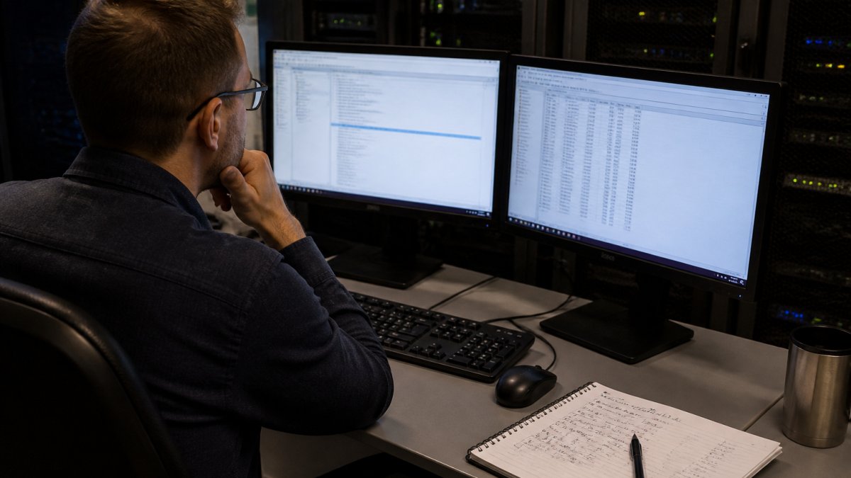 A database administrator at a dual-monitor workstation in a dim server room, reviewing backup job schedules on screen with a notebook of handwritten timings beside the keyboard
