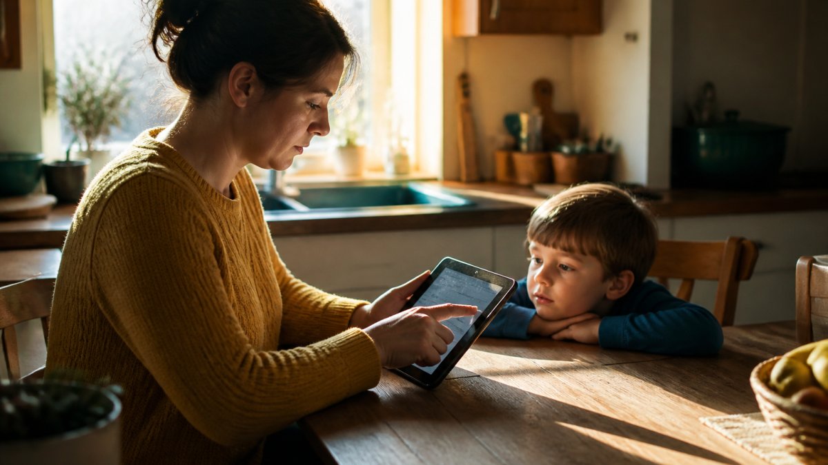 A parent sitting at a kitchen table with a tablet, adjusting parental control settings while a young child watches nearby