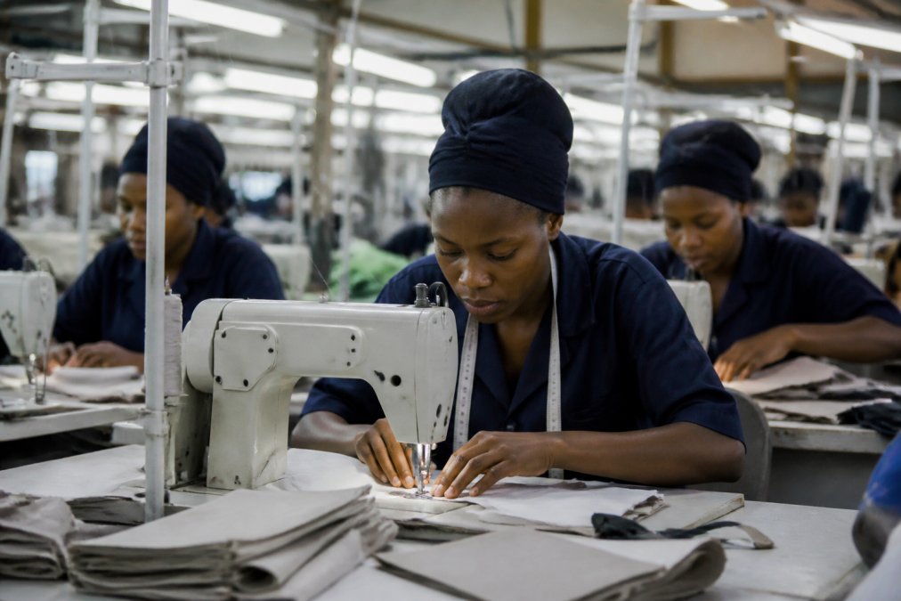 Garment workers at sewing machines in a factory production facility, hands focused on detailed stitching work under bright overhead lighting, demonstrating the intensive labor required in fast fashion manufacturing