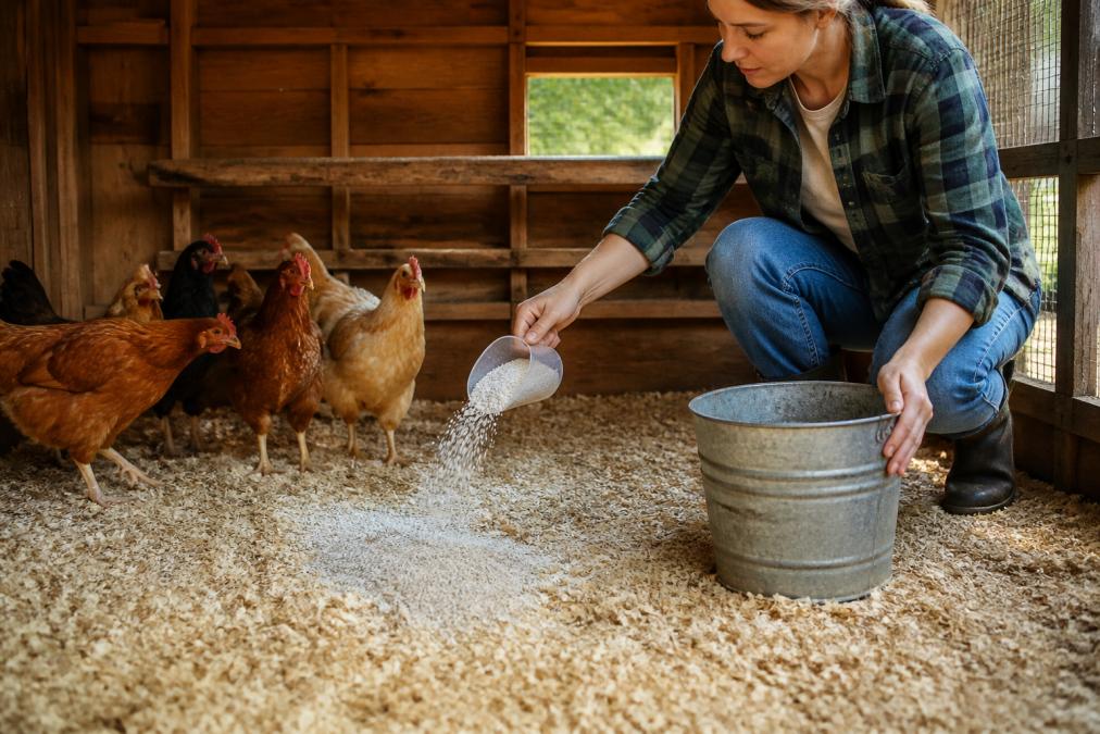 A backyard chicken keeper in casual clothes sprinkling white granular zeolite across the floor of a small wooden coop, with several hens watching nearby and clean pine shavings visible in the foreground