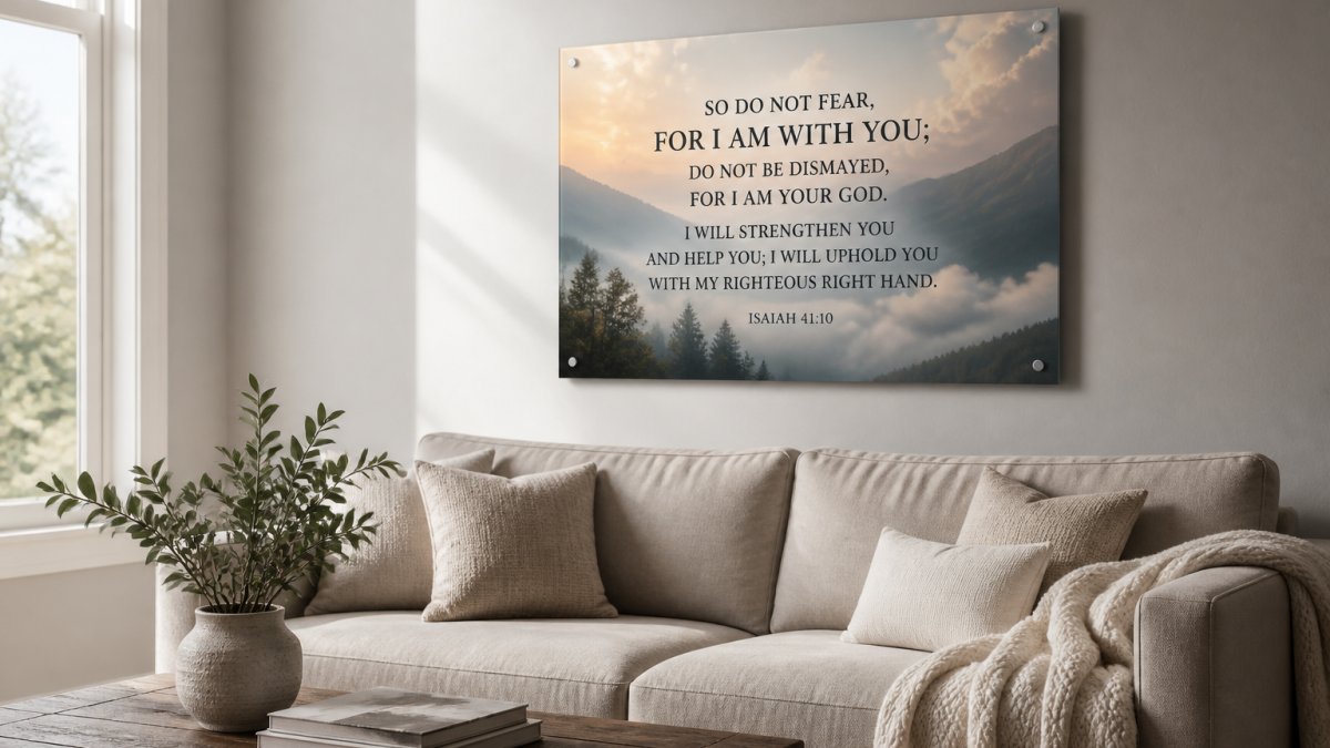 A frameless acrylic Isaiah 41:10 print hanging on a light gray living room wall above a neutral sofa, a potted plant and wooden coffee table in the foreground, soft afternoon light from a side window