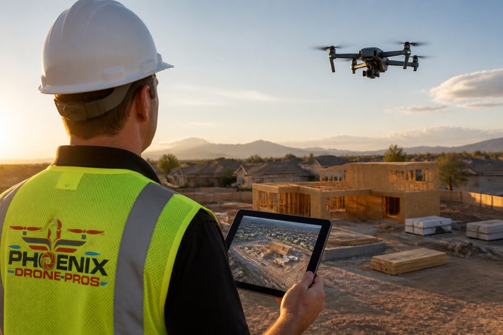 A commercial drone hovering above a suburban construction site at golden hour, with a tablet in the foreground displaying a live aerial feed of the property below